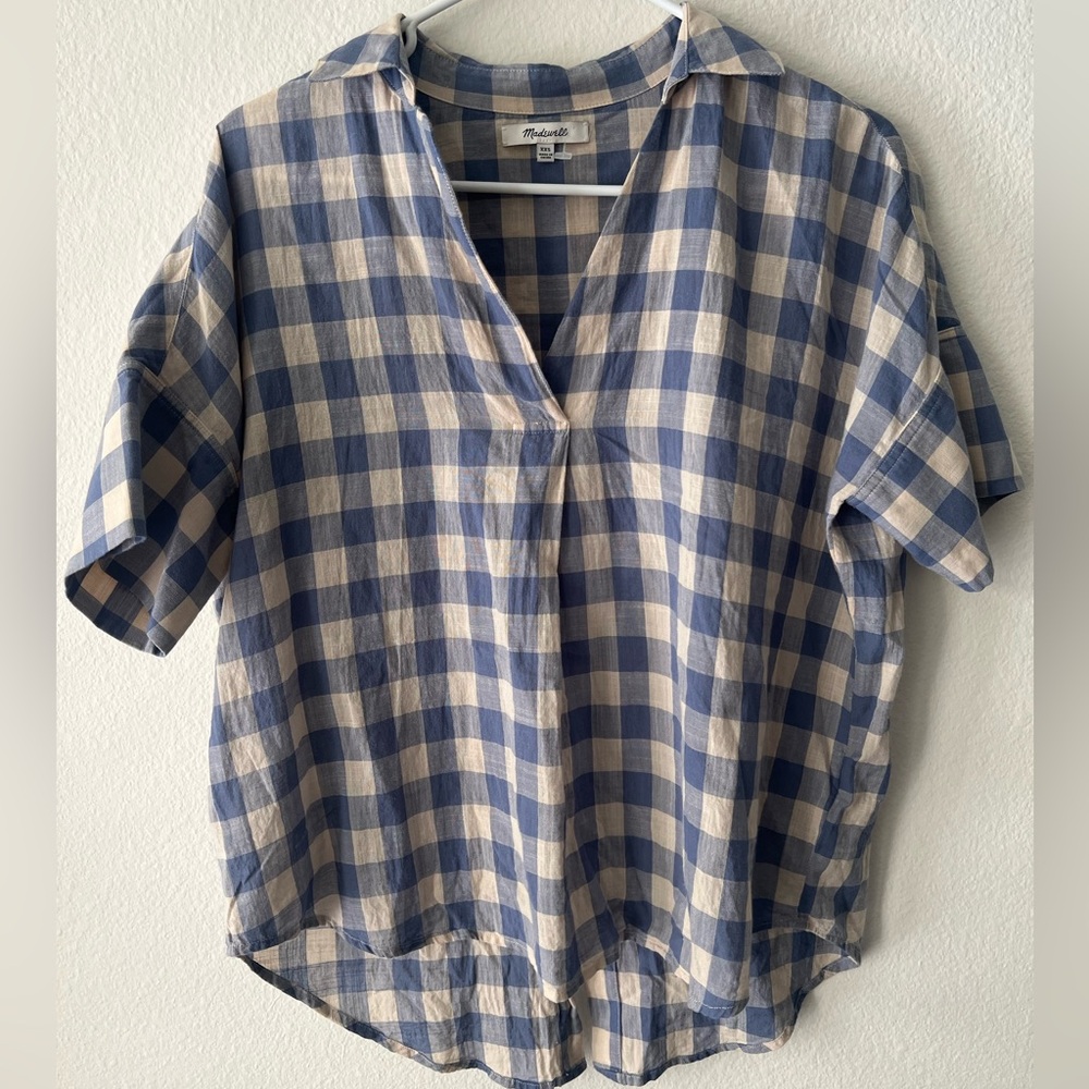MADEWELL White and Blue Plaid Central Open Back Top Size XXS
